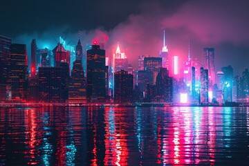 Fototapete - City skyline under neon night with river view, Glowing neon on city skyline with colorful clouds at night