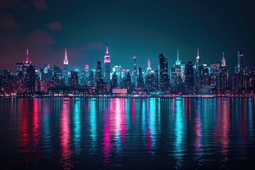 Aufkleber - City skyline under neon night with river view, Glowing neon on city skyline with colorful clouds at night