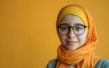 A woman of Arab descent, transgender, wearing glasses and a yellow scarf, portrays a natural, everyday look