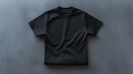 Wall Mural - Black T-Shirt Laid Flat on a Grey Background in a Minimalist Style, Mockup