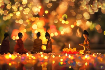 Wall Mural - lotus ,candles and Buddha statue for Vesak Day celebration