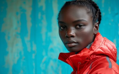 A transgender woman of West African descent wearing a red jacket stands confidently in front of a vibrant blue wall