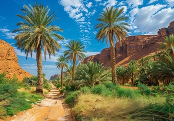 In Alula Oasis, located in Alula, Kingdom of Saudi Arabia, the Heritage Trail features beautiful palm trees.