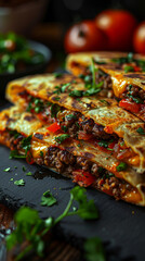 Wall Mural - Close-up of a savory quesadilla with meat and vegetables. Trendy Mexican food.
