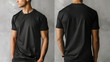 © oxart_studio - Man Displaying Front and Back View of Black T-Shirt Against Neutral Background, Mockup