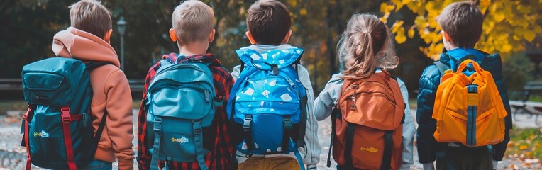 Group of children with colorful backpacks walking together outdoors in autumn, enjoying the seasonal foliage and cool weather, back view