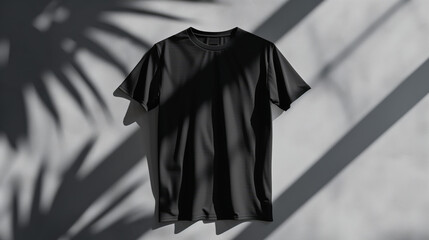 Wall Mural - Black T-Shirt Hanging Against Wall with Artistic Shadow Effects, Mocup