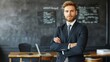 © Mikus - A man in a suit and tie stands before a chalkboard, arms folded