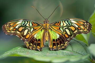 Poster - AI generated illustration of a vibrant green and orange butterfly perched on a leaf