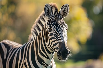 Poster - AI generated illustration of a close-up of a zebra gazing at the camera