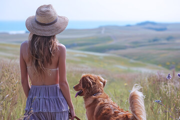 Wall Mural - French woman and her pet dog walk and enjoy time together in meadow