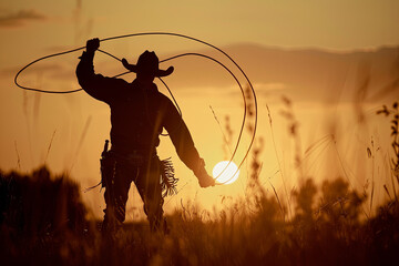 Silhouette of cowboy swinging lasso overhead in classic ranching scene