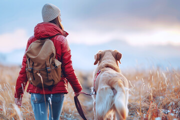 Wall Mural - Japanese woman and her pet dog walk and enjoy time together in meadow