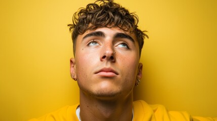 Wall Mural -  A shocked man in yellow shirt, gazing upward, against a yellow backdrop