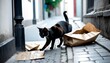 © Anastasiia - An inquisitive black cat with white paws investigates scattered paper bags on an old cobblestone street, exuding curiosity.. AI Generation