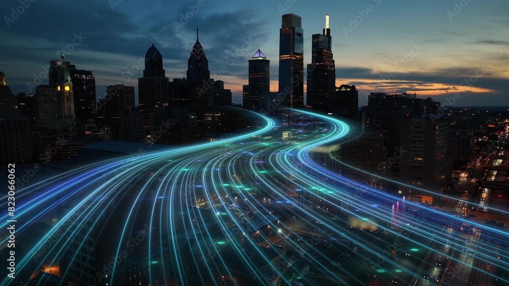 Smart city digital transformation development concept. Band lights over ...