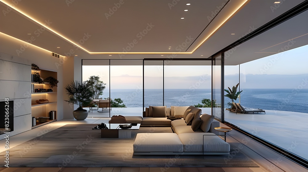 Luxury architecture, ocean front property landscape. Modern living room ...