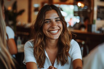 A woman smiling and shaking hands after a business deal is concluded