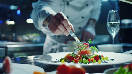 chef preparing a molecular cuisine dish for a client in a restaurant, mind-blowing cuisine,generative ai