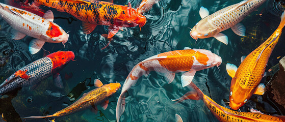 koi fish in a colorful pond, photographed by a professional, very real, nice, focused, very fresh white background widescreen, Generate AI