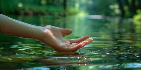 Poster - Hand Gently Interacting with Serene River Water on a Peaceful Sunny Day Representing Natural Harmony and Tranquility