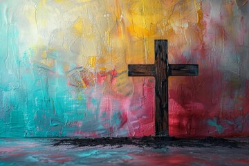 Cross of Jesus Christ with a shroud, set against an abstract colorful background, isolated on white Copy space, representing salvation and hope