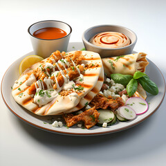 Wall Mural - Pancakes with chicken. cheese and vegetables on a plate.