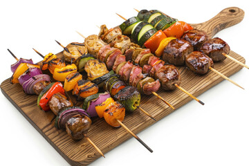Wall Mural - Assorted grilled kebabs with vegetables and meats on a wooden board, perfect for barbecues and outdoor dining.