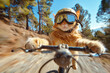 © lenblr - Cat wearing a helmet and goggles while riding a bicycle in the forest.