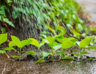 Wall Mural - Green seedlings growing on the ground in the rain