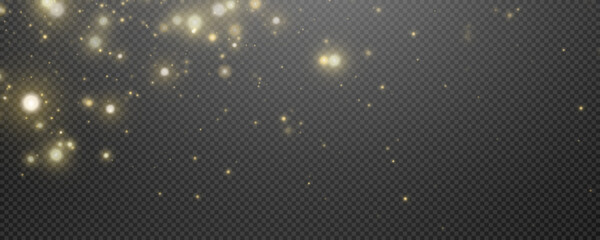 Wall Mural - Christmas glowing bokeh confetti light and glitter texture overlay for your design. Festive sparkling gold dust png. Holiday powder dust for cards, invitations, banners, advertising.