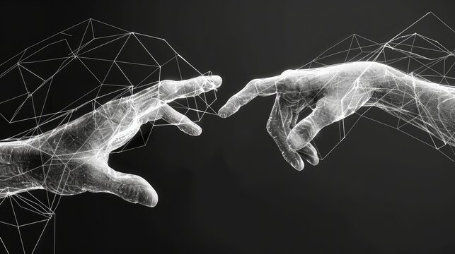 Wire-Frame Design: Utilize a detailed wire-frame design for the hands, with visible nodes and connecting lines. This creates a sense of transparency and complexity. Generative AI