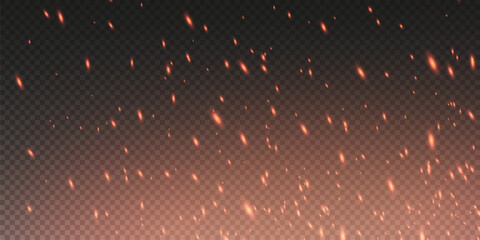 Burning hot sparks effect with embers burning ash and smoke flying in the air. Burning glowing particles. Flame of fire with sparks isolated on a black transparent background. Flame png.