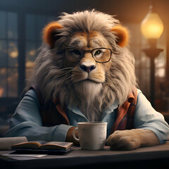 Sticker - Portrait of a lion dressed in a blue jacket and glasses with a cup of coffee.