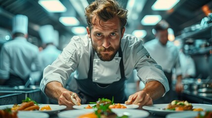Portrait of professional chef preparing food in a kitchen with other chefs