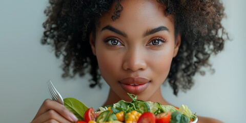 Closeup portrait of beautiful black brunette woman eating salad at home on the kitchen, organic food, healthy lifestyle, dieting concept