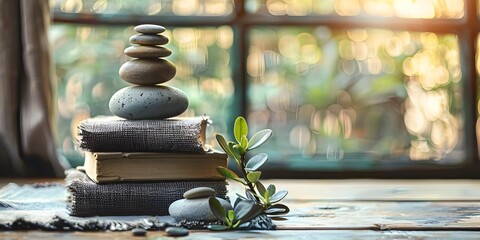 Poster - Meditation and Mindfulness Concept A Serene Spiritual Study Space with Books Stones and Greenery