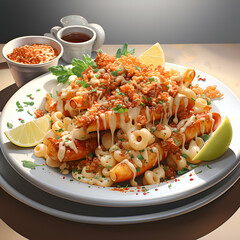 Wall Mural - Fried squid with cheese sauce on a plate. 3d illustration