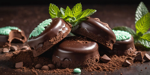 Wall Mural - Symbols of birthday celebration:Mint chocolate, peppermint patties, chocolate ganache drip, mint leaves, after eight segments, cocoa dust