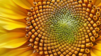 A close-up view of a sunflower's center showcases its unique spiral pattern.