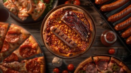 Wall Mural - A delicious assortment of pizzas and grilled sausages on a wooden table, showcasing a variety of toppings and flavors for a hearty meal.