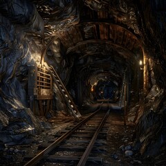 ancient deserted gold mine. within a deserted gold mine that has ore cart tracks. generative ai