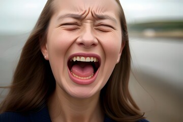 a pretty  young woman screaming in pain, sad, depressed, on a cold beach, ocean,  Distressed, Anguished, Emotional, Heartbroken, Tearful, Desolate, Melancholy, Lonely, Solitary, Gloomy, depression