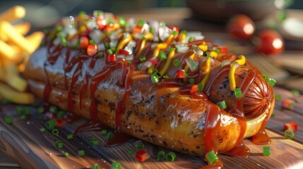 Wall Mural - Delicious gourmet hot dog with a variety of colorful toppings on a wooden board, perfect for a summer BBQ or outdoor party.