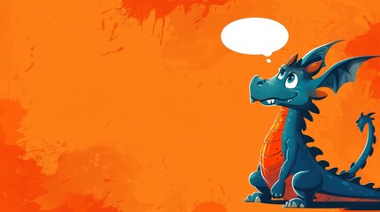 A high-quality illustration of a blue dragon against an orange background with a speech bubble.