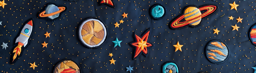 spacethemed patch mockup, scifi style, dark colors, starry background, detailed embroidery