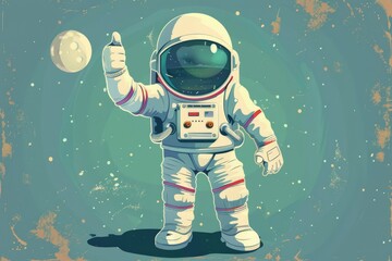 An astronaut appears upbeat and gives a thumbs-up in this vivid cartoon illustration, conveying a sense of optimism and adventure in space exploration.