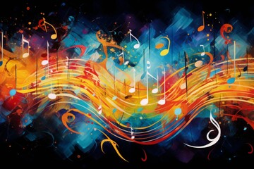 Wall Mural - Vibrant abstract music-themed artwork with colorful wave patterns and musical notes, representing creativity and harmony.