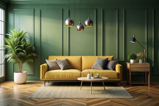 living room interior with yellow sofa on empty dark green color wall background.3d rendering
