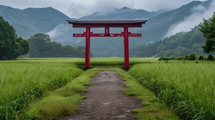 Poster - View of field and arch, Kumano Kodo Pilgrimage Route, Japan